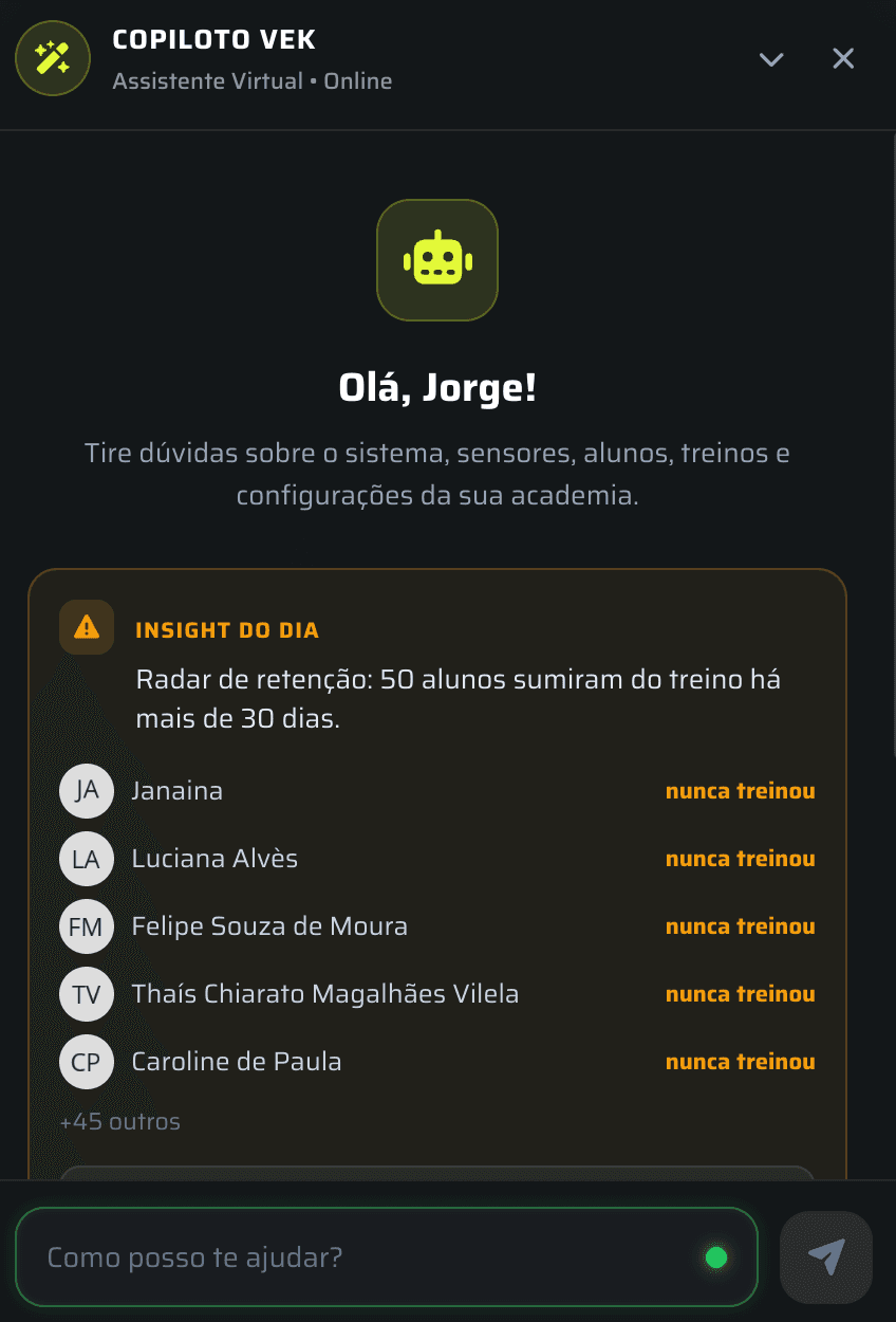 Demonstração do Copiloto Vek respondendo com insight sobre alunos em risco de evasão